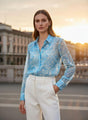 Premium Organza Blue And White Regular Length Straight Hem Digital Print Shirt