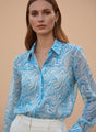 Premium Organza Blue And White Regular Length Straight Hem Digital Print Shirt