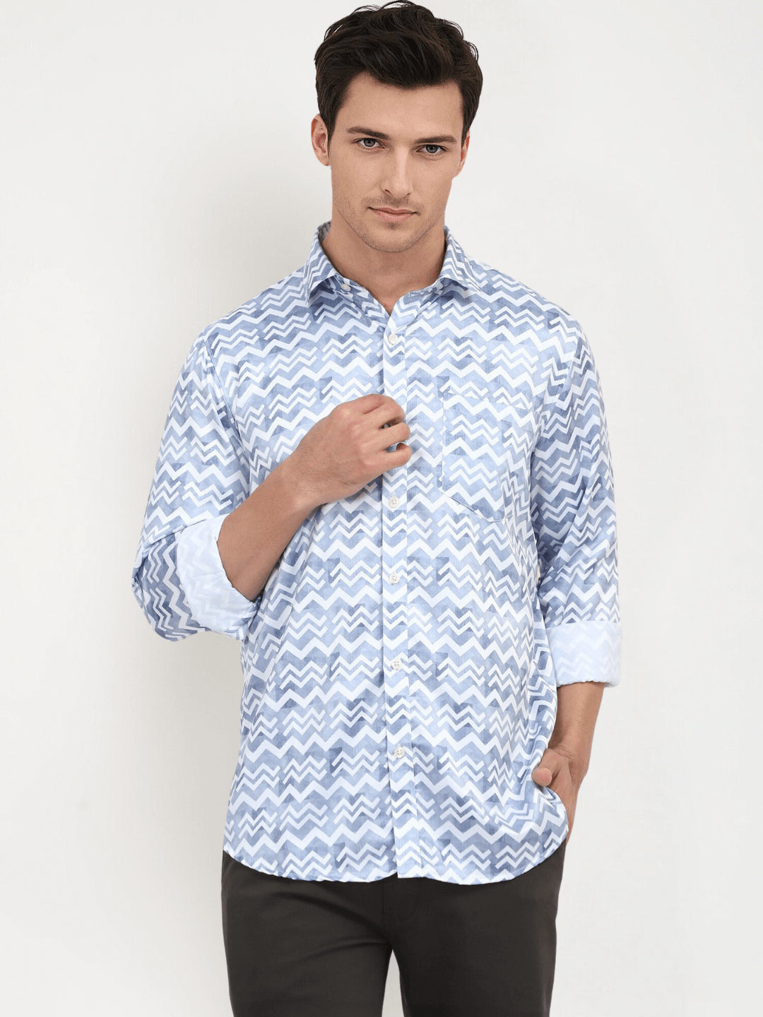 Men'S Poly Satin Lycra Grey Digital Printed Shirt