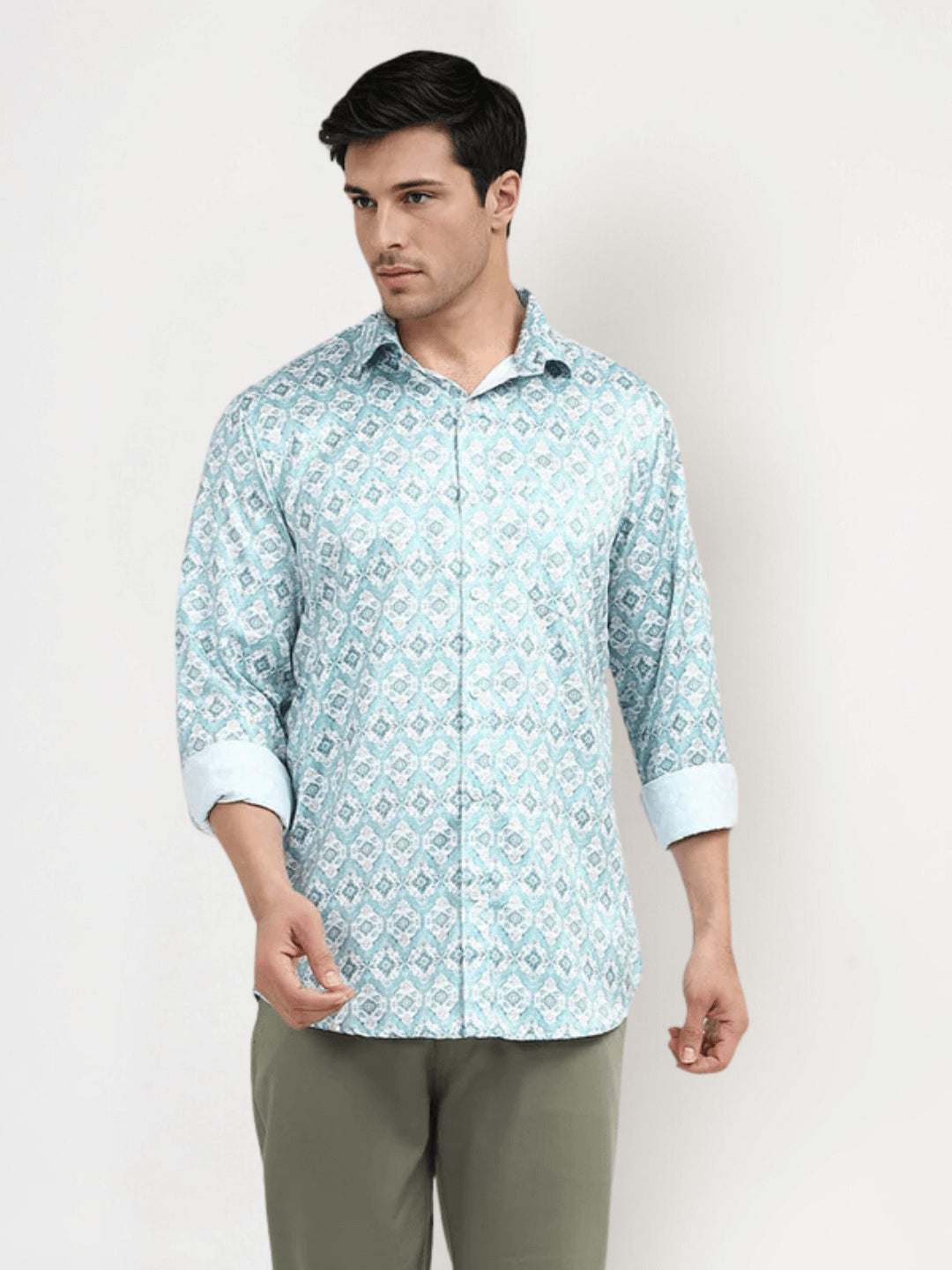 Men'S Poly Satin Lycra Blue Digital Printed Shirt