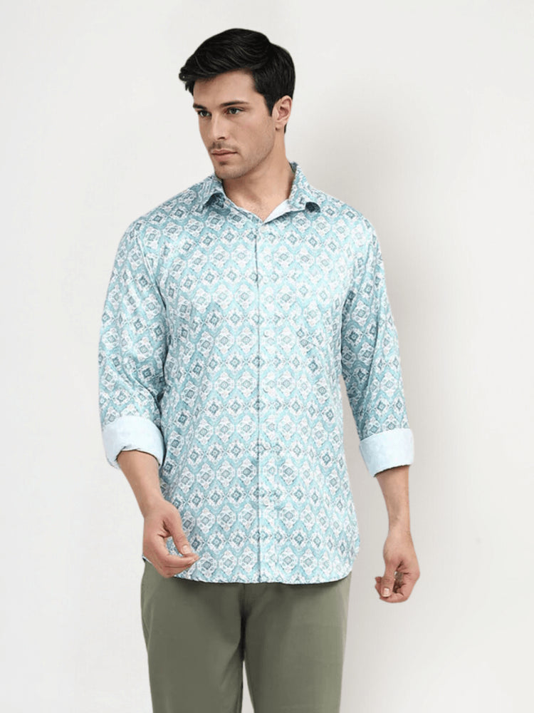 Men'S Poly Satin Lycra Blue Digital Printed Shirt
