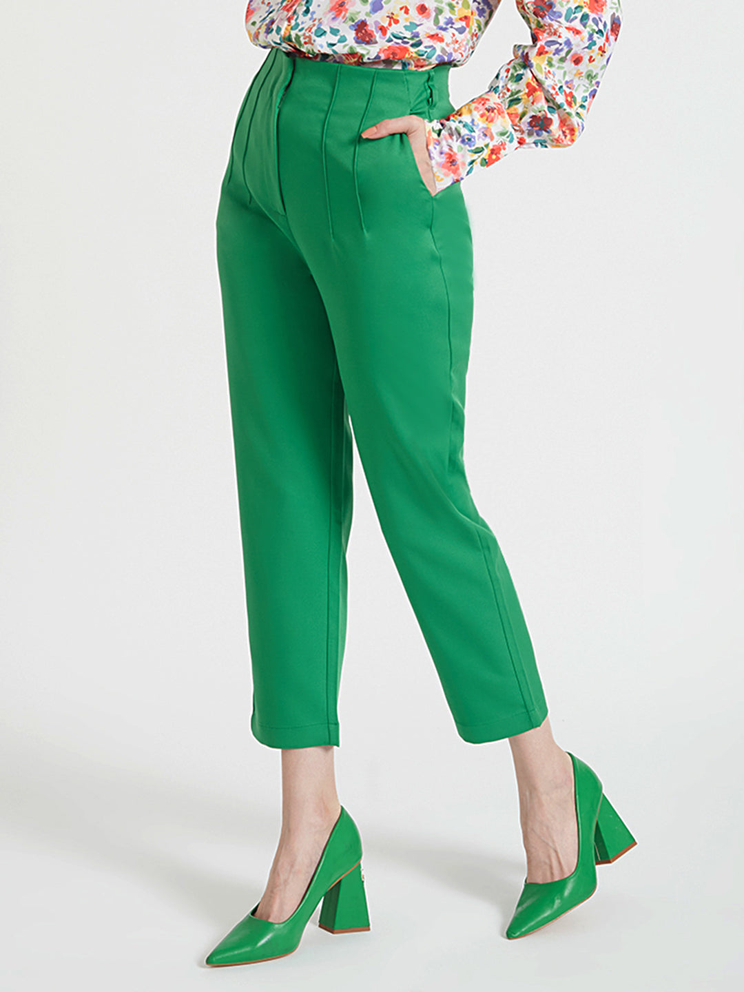 Women'S Luxury Banana Crepe Island Green Skin Fit Multi Pleated Trouser