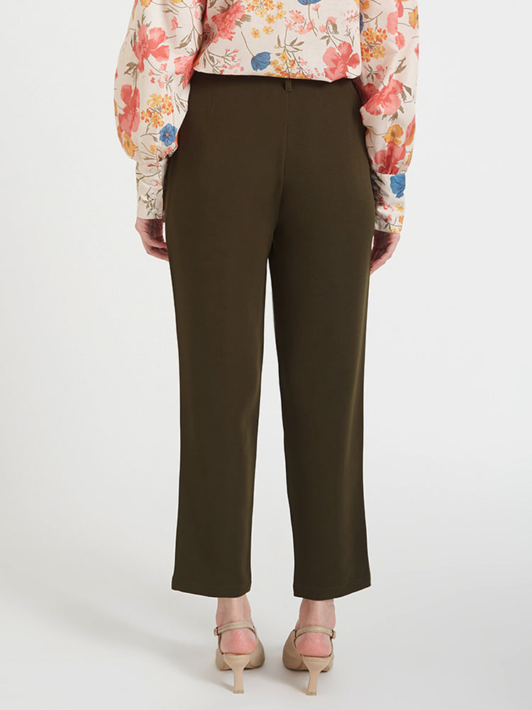 Women'S Luxury Banana Crepe Olive Skin Fit Multi Pleated Trouser