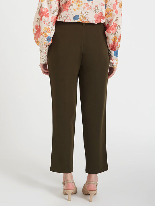 Women'S Luxury Banana Crepe Olive Skin Fit Multi Pleated Trouser