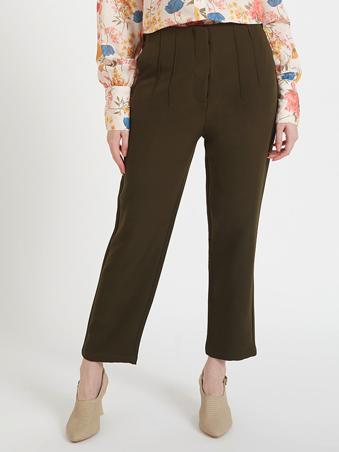 Women'S Luxury Banana Crepe Olive Skin Fit Multi Pleated Trouser