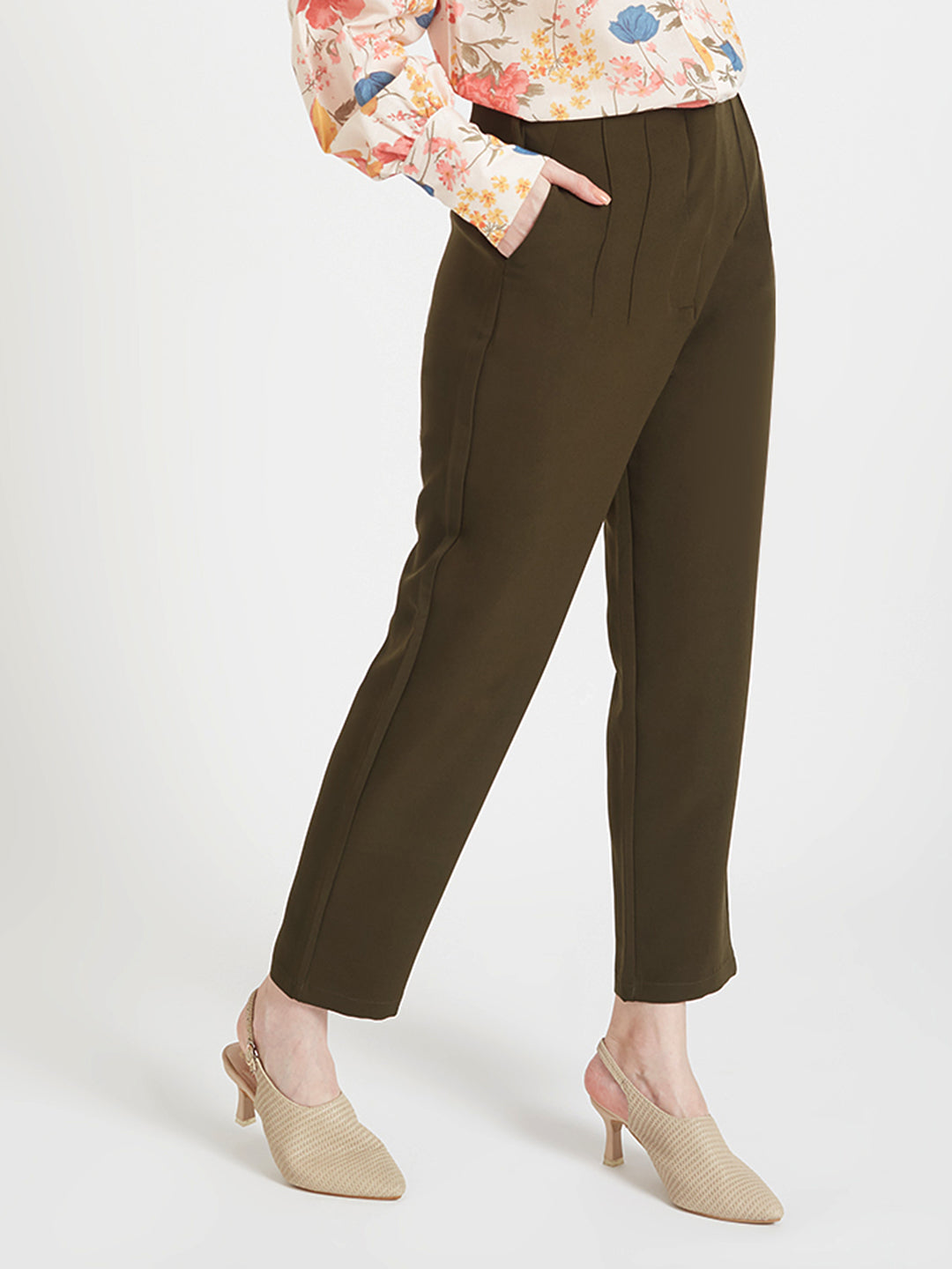 Women'S Luxury Banana Crepe Olive Skin Fit Multi Pleated Trouser