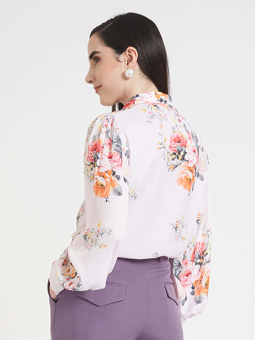 Luxury Satin Digital Print Puff Sleeve Shirt