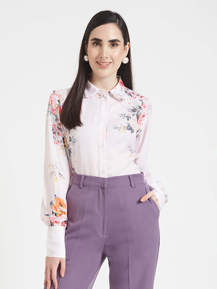 Luxury Satin Digital Print Puff Sleeve Shirt