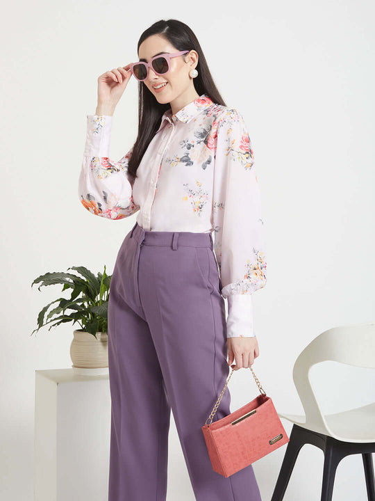 Luxury Satin Digital Print Puff Sleeve Shirt