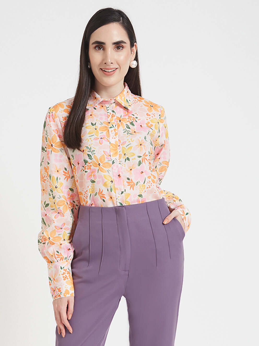 Luxury Cambric Digital Print Puff Sleeve Shirt