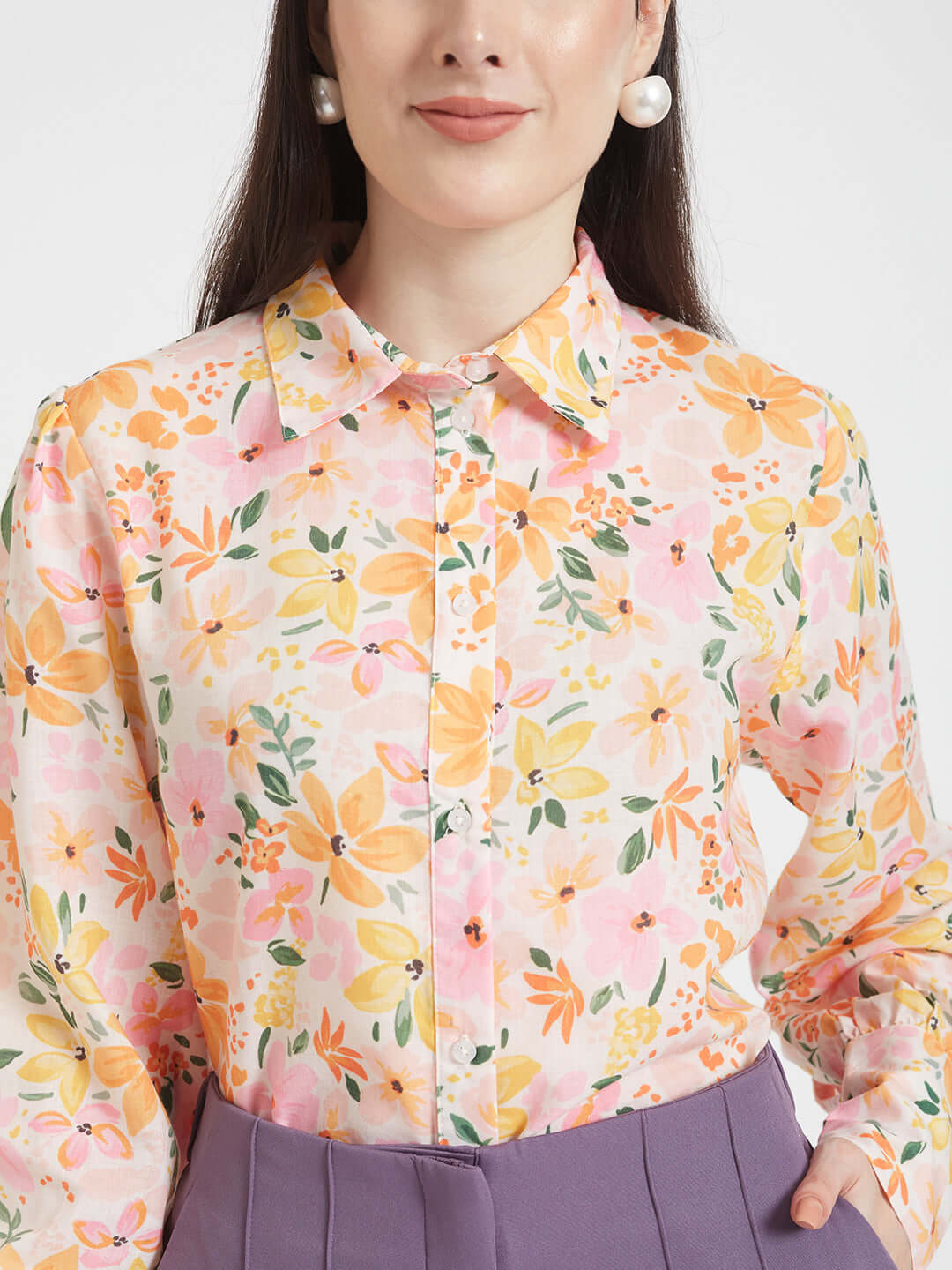 Luxury Cambric Digital Print Puff Sleeve Shirt