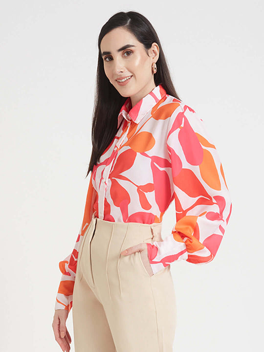 Luxury Satin Digital Print Puff Sleeve Shirt