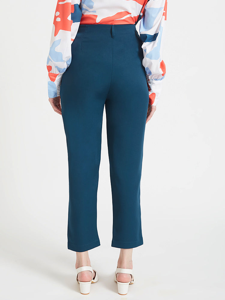 Women'S Luxury Banana Crepe Deep Teal Skin Fit Multi Pleated Trouser