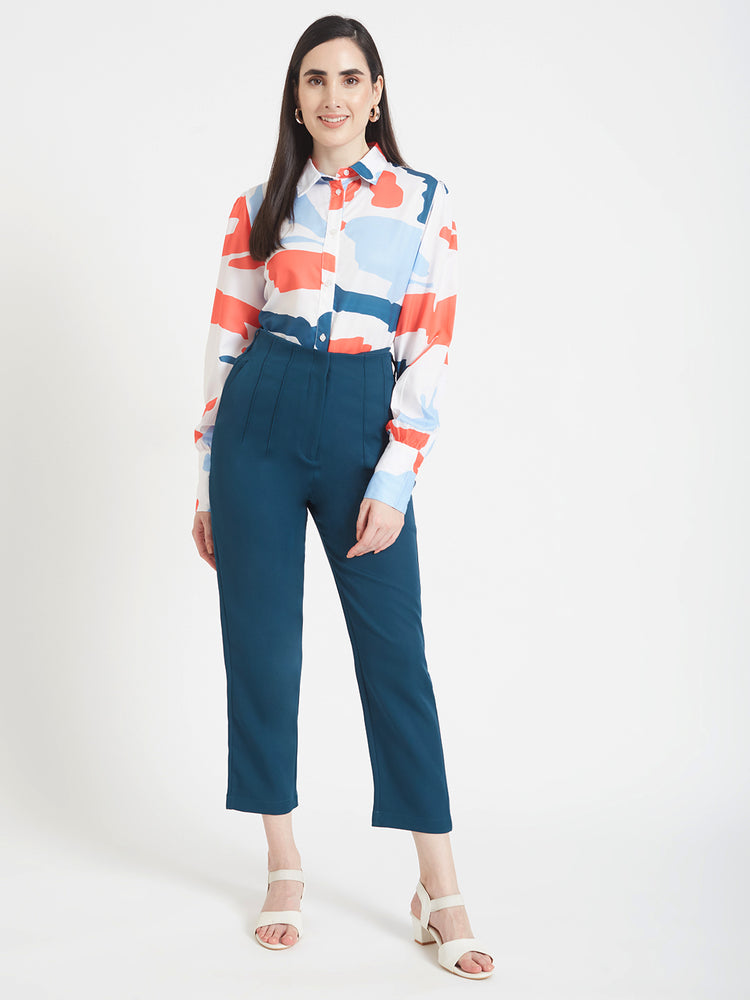 Women'S Luxury Banana Crepe Deep Teal Skin Fit Multi Pleated Trouser