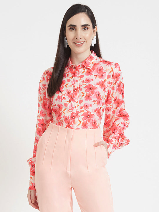Luxury Satin Digital Print Puff Sleeve Shirt