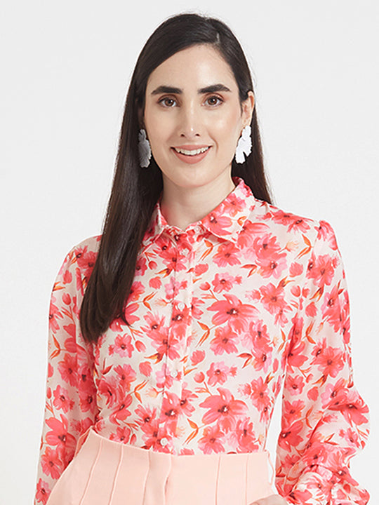 Luxury Satin Digital Print Puff Sleeve Shirt