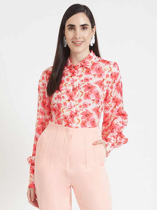 Luxury Satin Digital Print Puff Sleeve Shirt