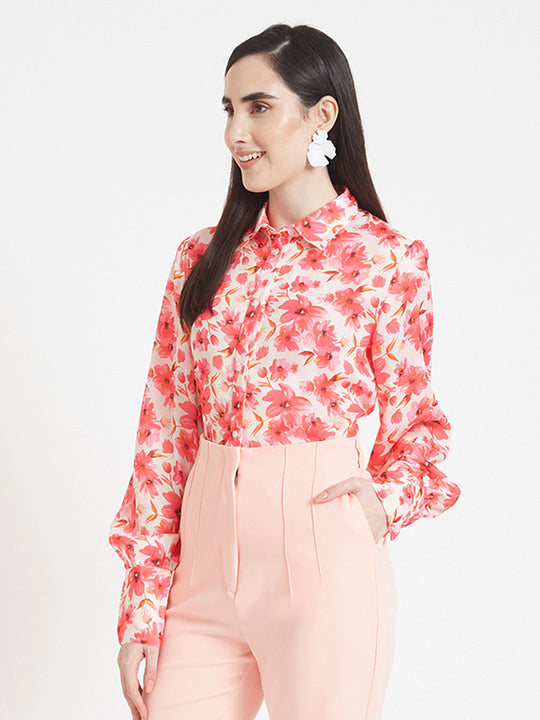 Luxury Satin Digital Print Puff Sleeve Shirt