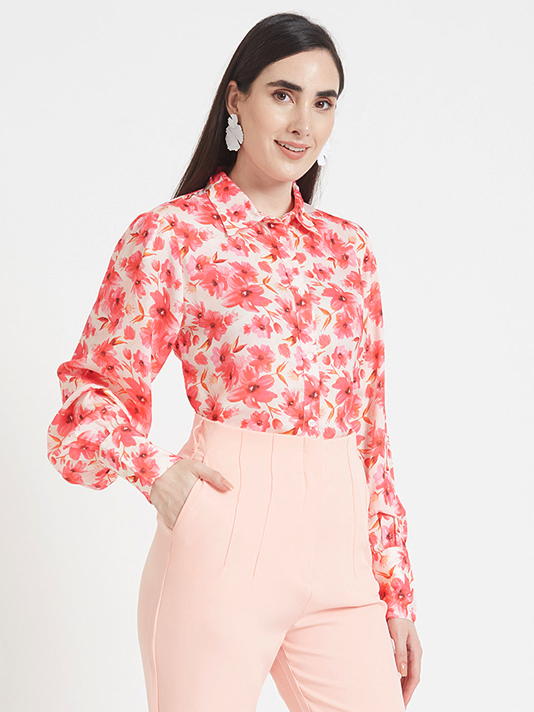 Luxury Satin Digital Print Puff Sleeve Shirt