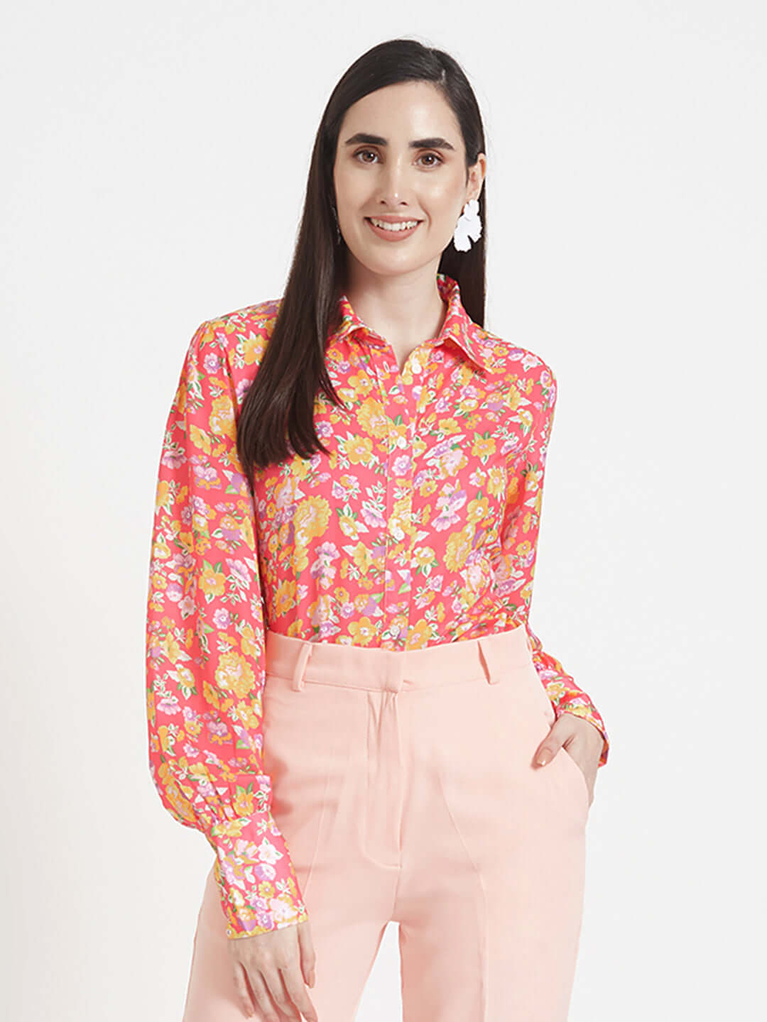 Luxury Satin Digital Print Puff Sleeve Shirt