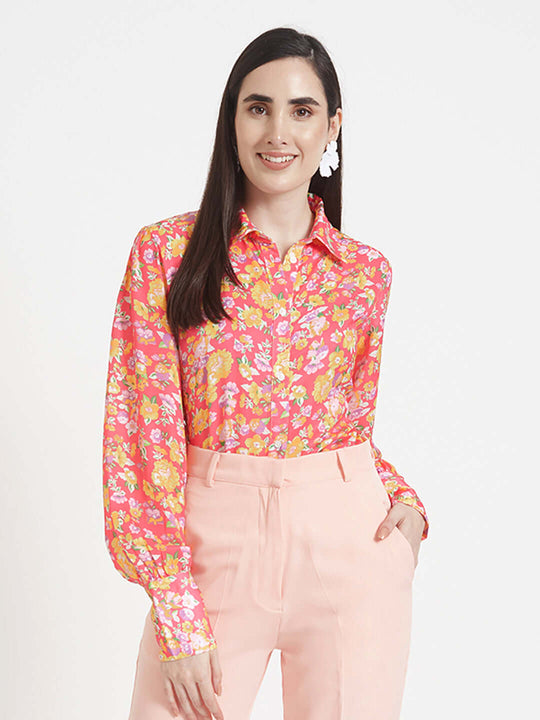 Luxury Satin Digital Print Puff Sleeve Shirt