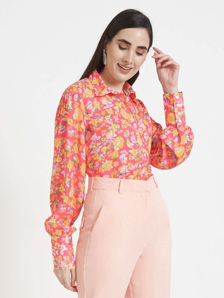 Luxury Satin Digital Print Puff Sleeve Shirt