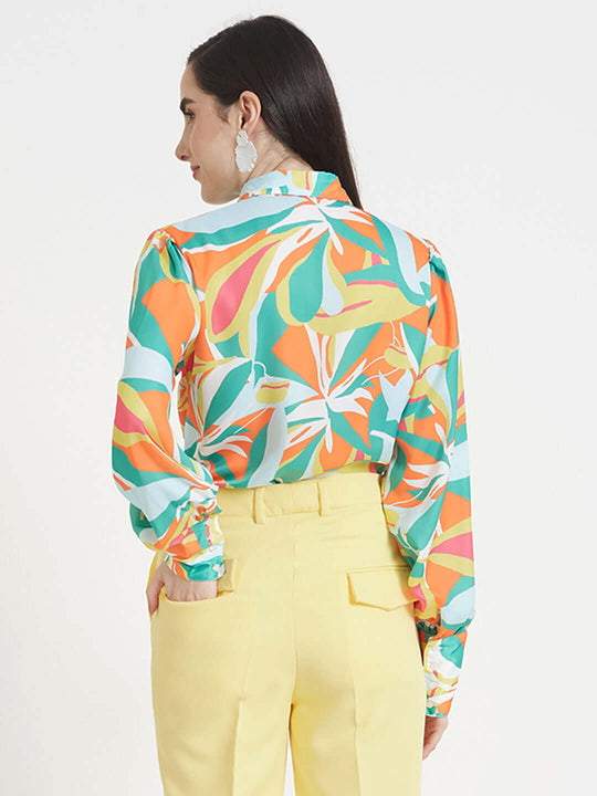 Luxury Satin Digital Print Puff Sleeve Shirt