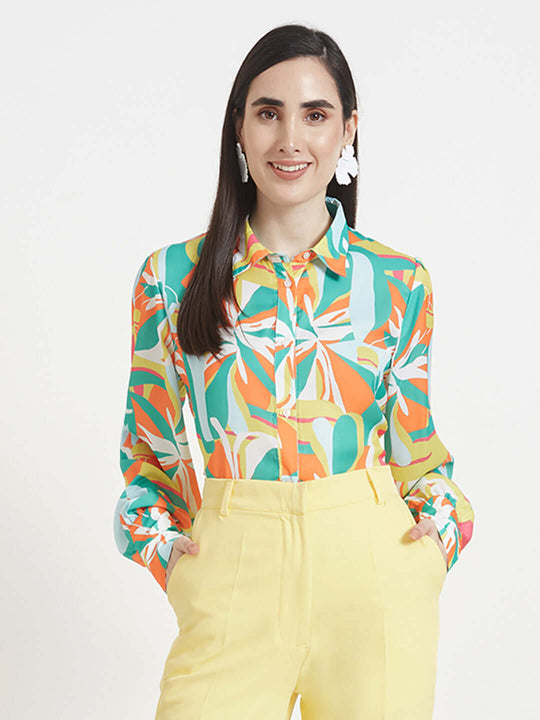 Luxury Satin Digital Print Puff Sleeve Shirt