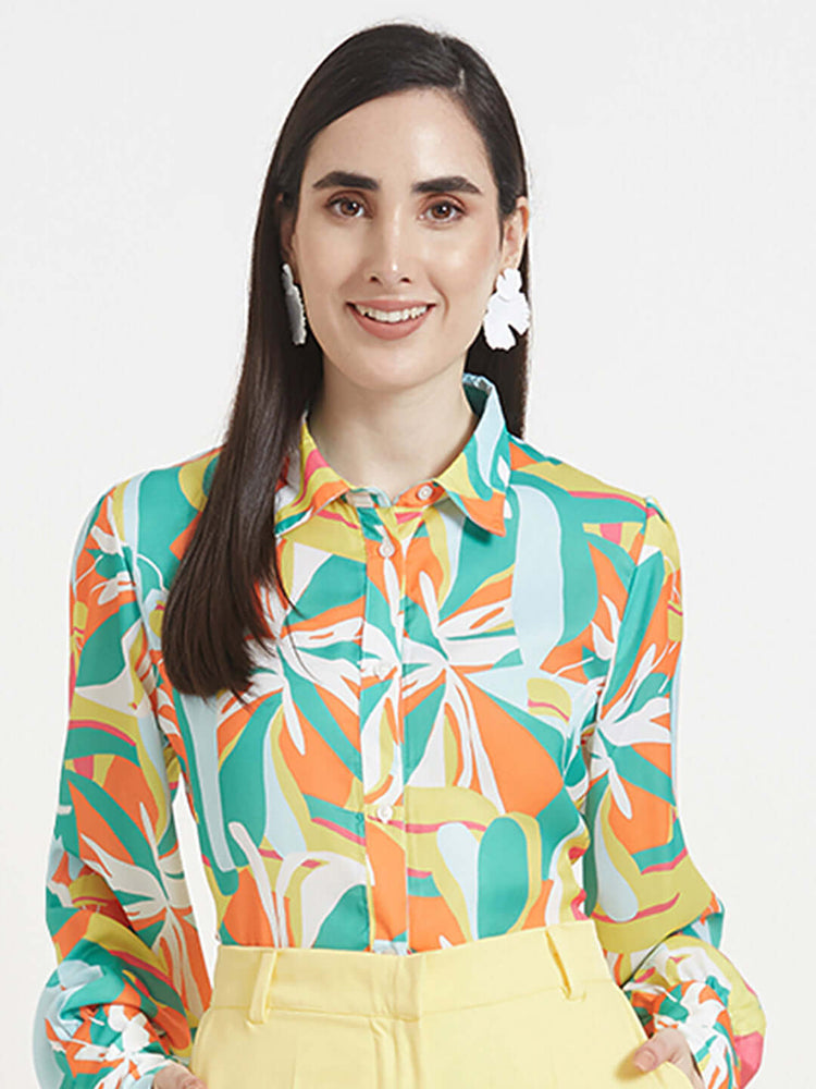 Luxury Satin Digital Print Puff Sleeve Shirt