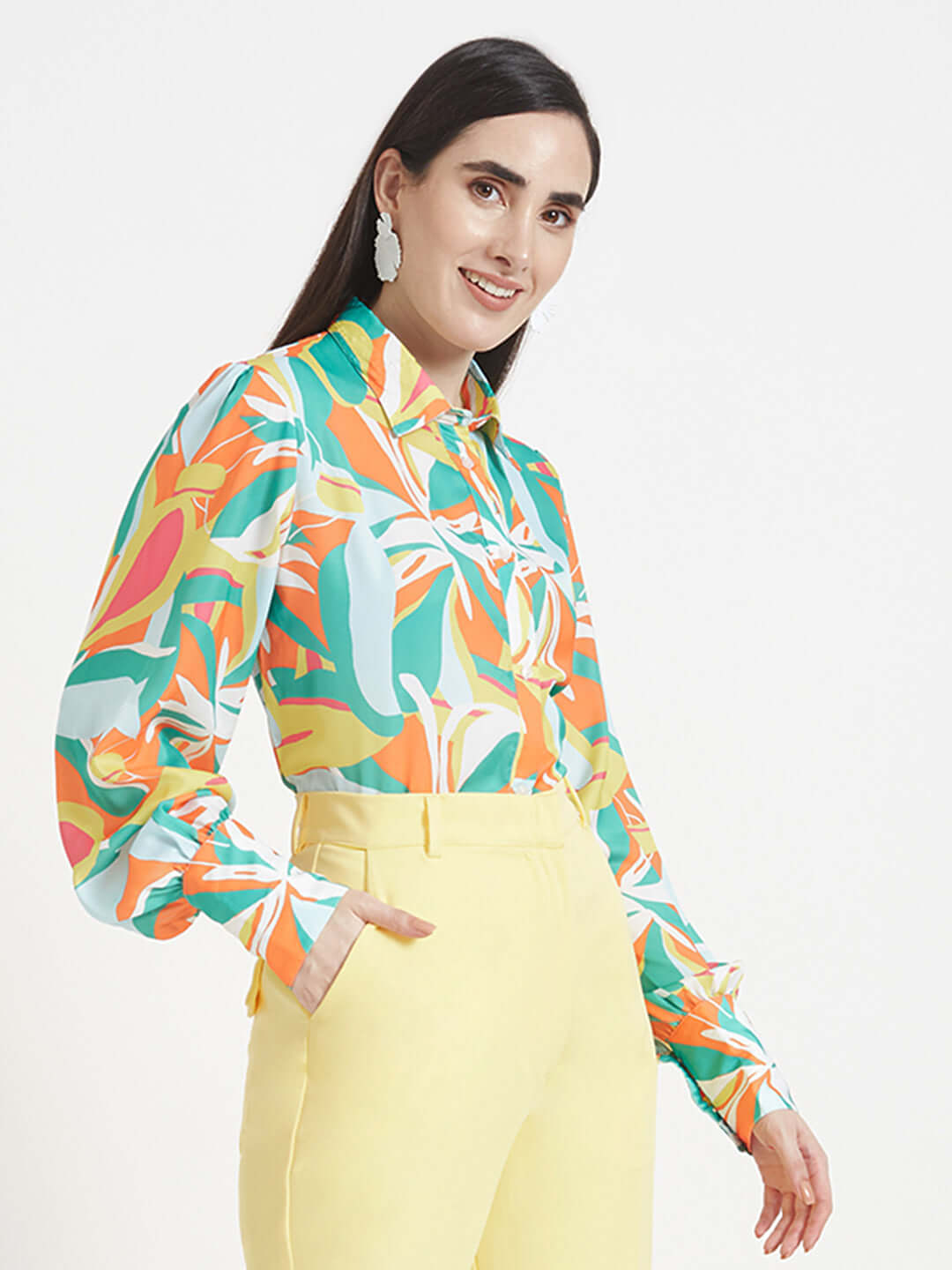 Luxury Satin Digital Print Puff Sleeve Shirt