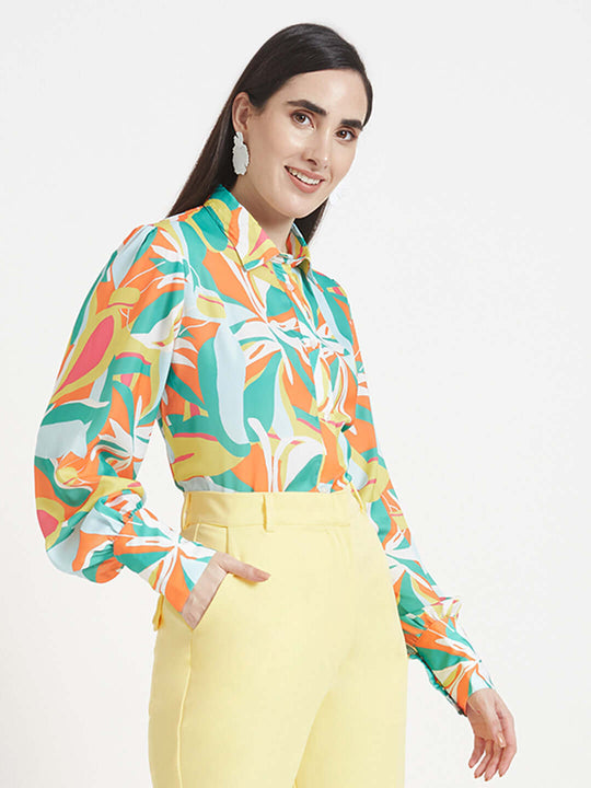 Luxury Satin Digital Print Puff Sleeve Shirt