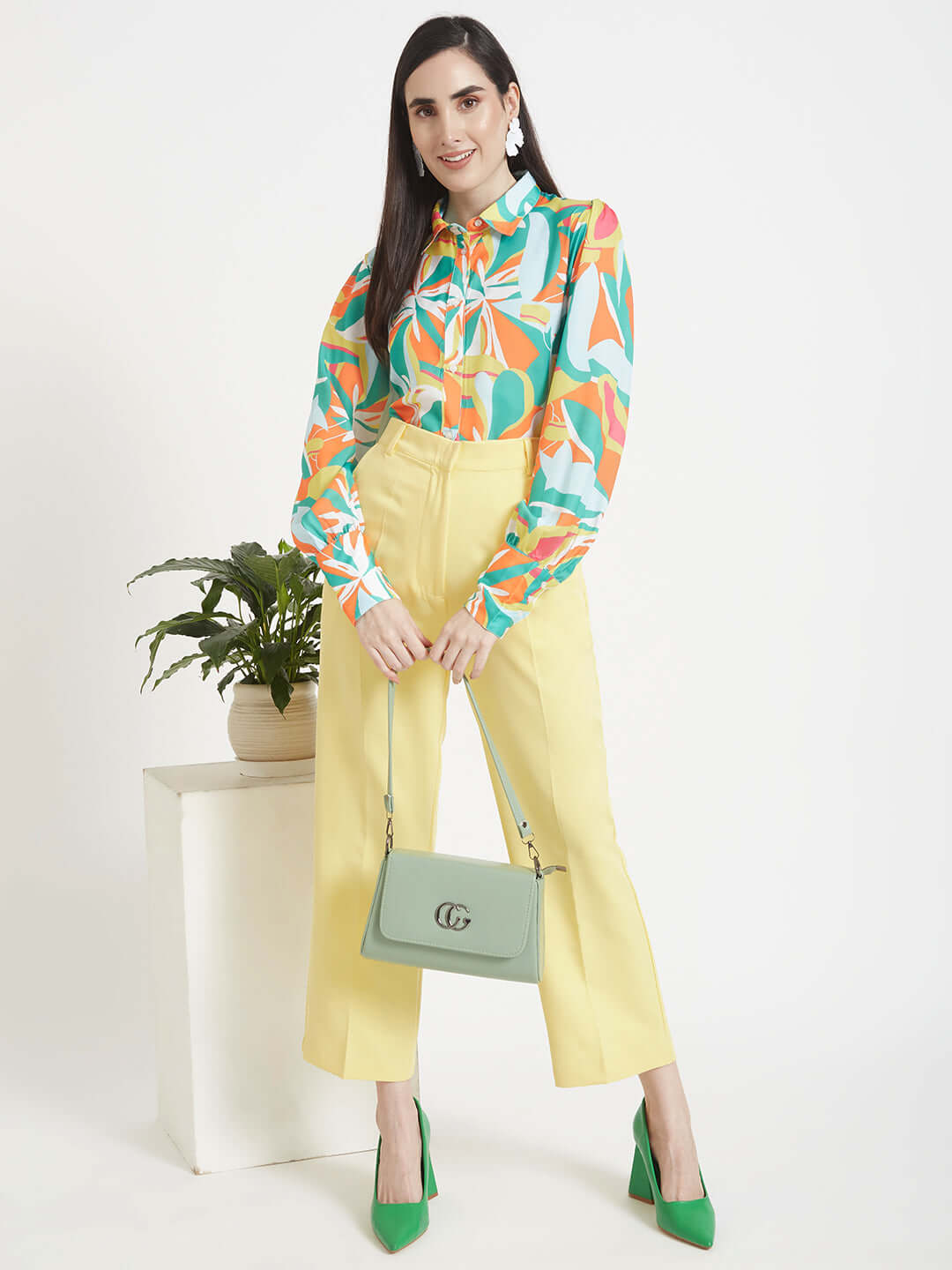 Luxury Satin Digital Print Puff Sleeve Shirt