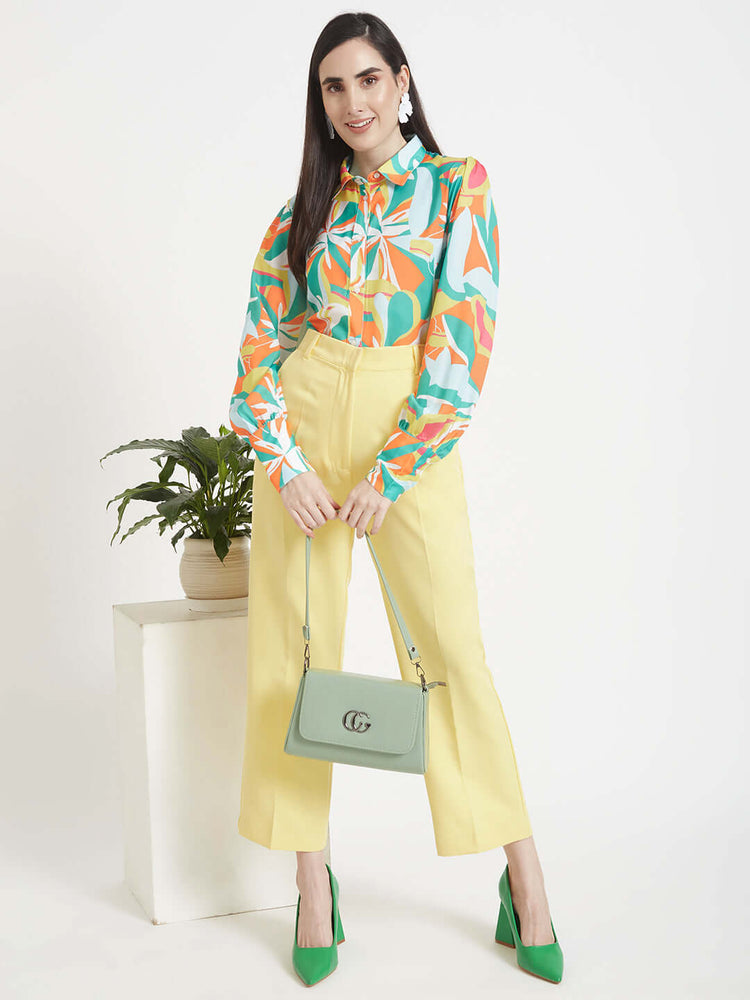 Luxury Satin Digital Print Puff Sleeve Shirt