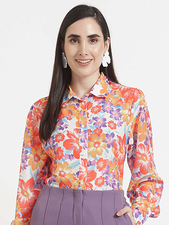 Luxury Muslin Digital Print Puff Sleeve Shirt