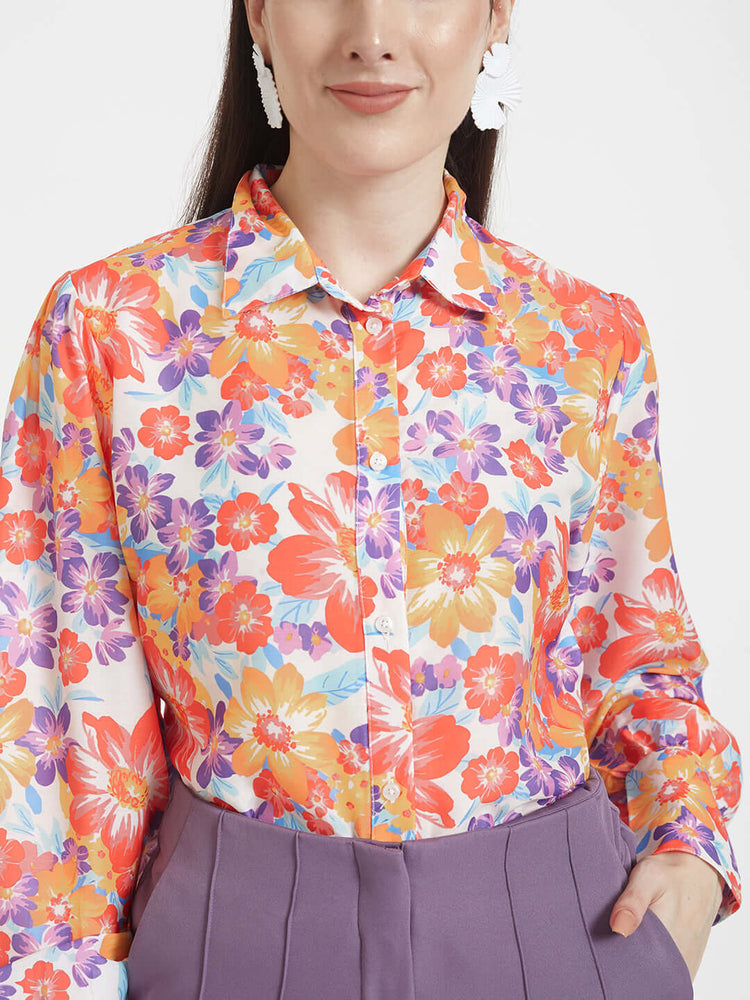 Luxury Muslin Digital Print Puff Sleeve Shirt