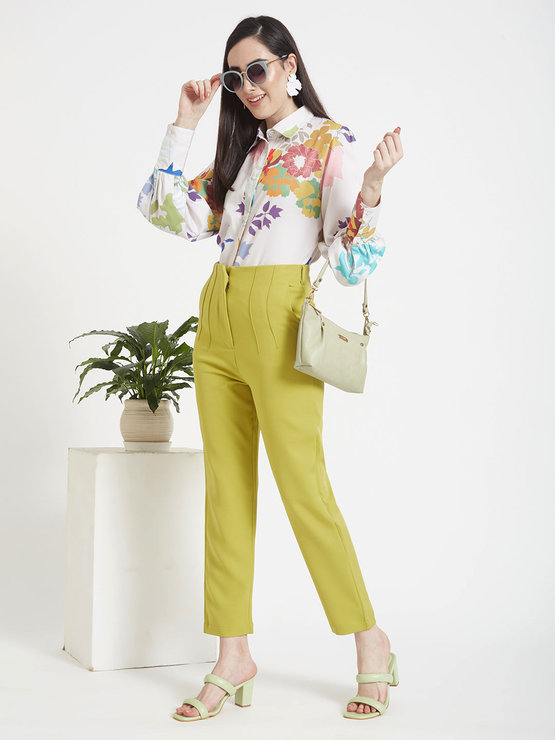 Women'S Luxury Banana Crepe Lime Green Skin Fit Multi Pleated Trouser