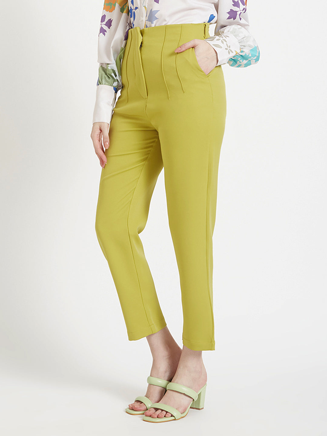 Women'S Luxury Banana Crepe Lime Green Skin Fit Multi Pleated Trouser