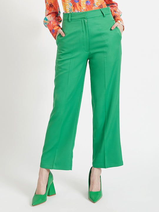 Women'S Luxury Banana Crepe Island Green Straight Fit Flap Pocket Trouser