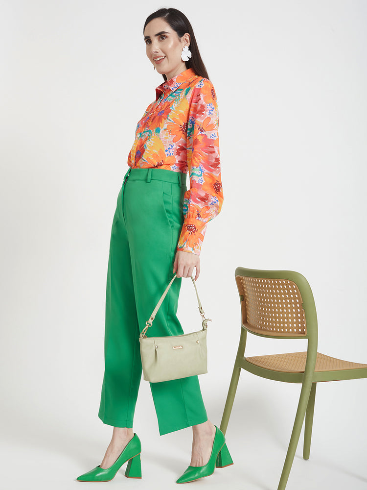 Women'S Luxury Banana Crepe Island Green Straight Fit Flap Pocket Trouser