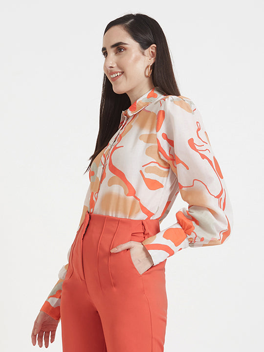 Luxury Cambric Digital Print Puff Sleeve Shirt