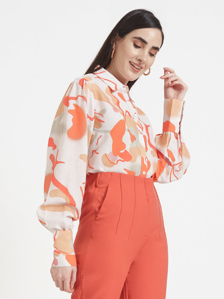 Luxury Cambric Digital Print Puff Sleeve Shirt