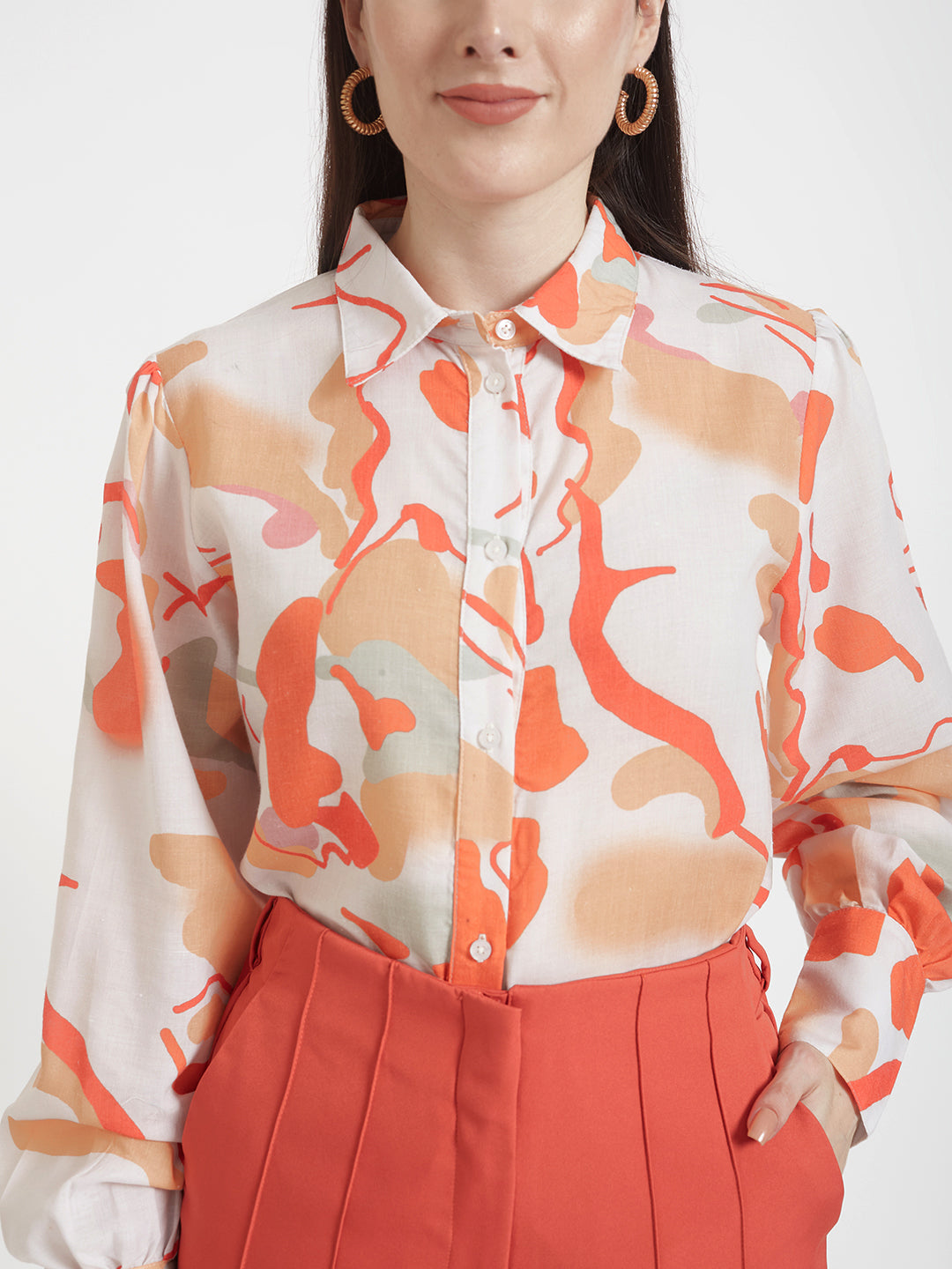 Luxury Cambric Digital Print Puff Sleeve Shirt