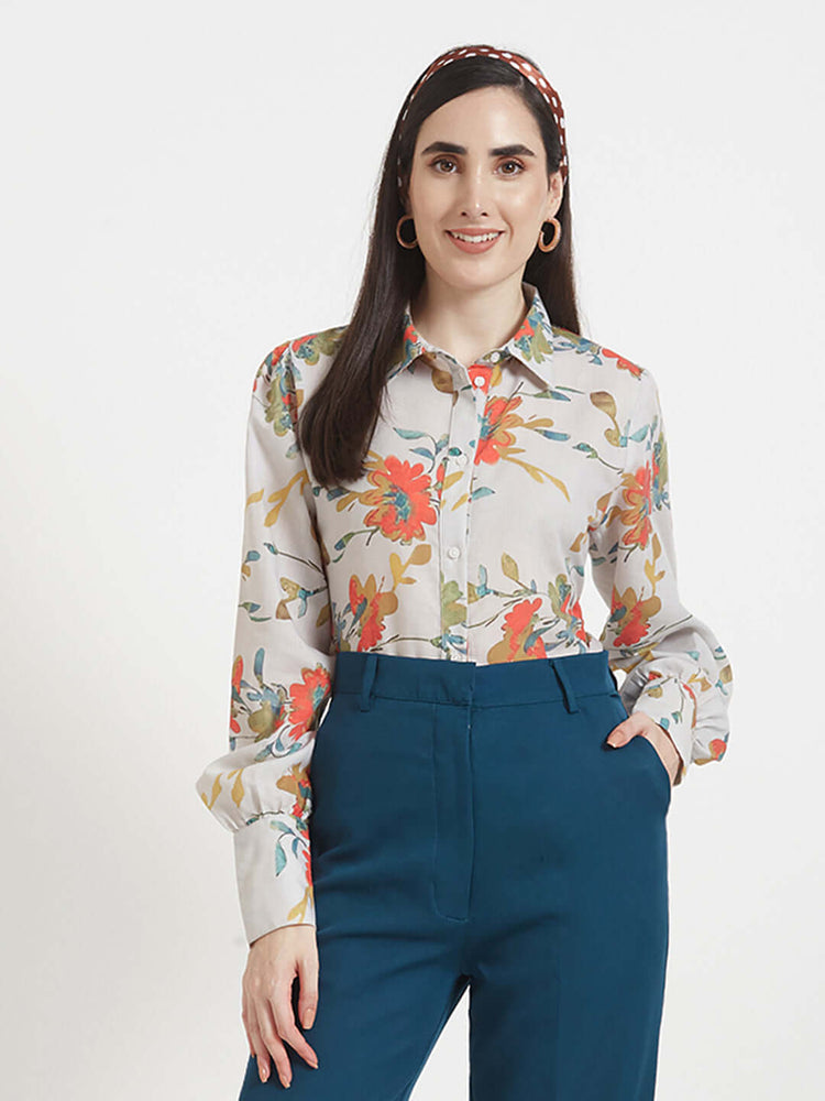 Luxury Cambric Digital Print Puff Sleeve Shirt