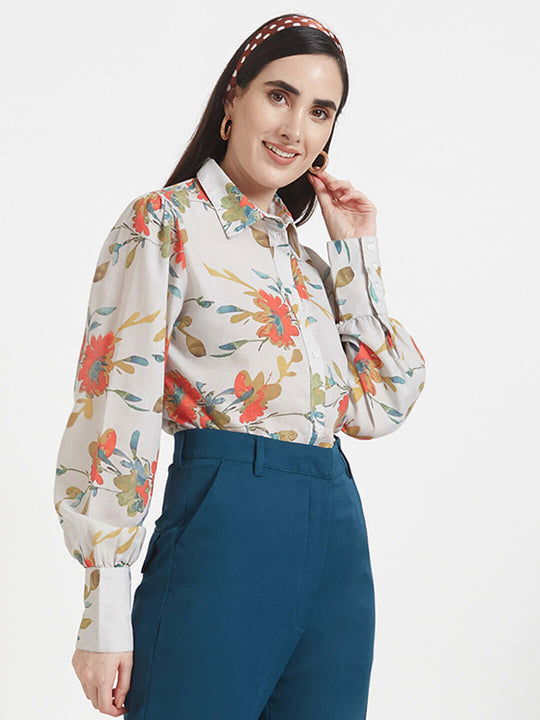 Luxury Cambric Digital Print Puff Sleeve Shirt