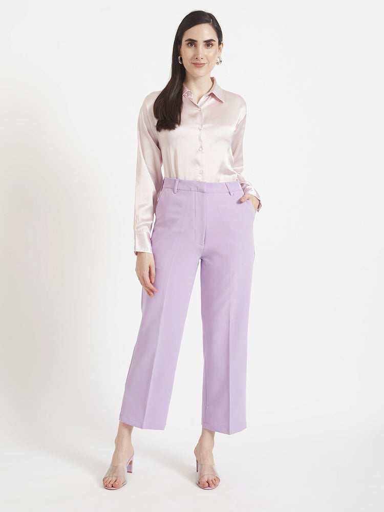 Women'S Premium Light Pink Regular Fit Solid Satin Shirt With Lilac Straight Fit Trouser
