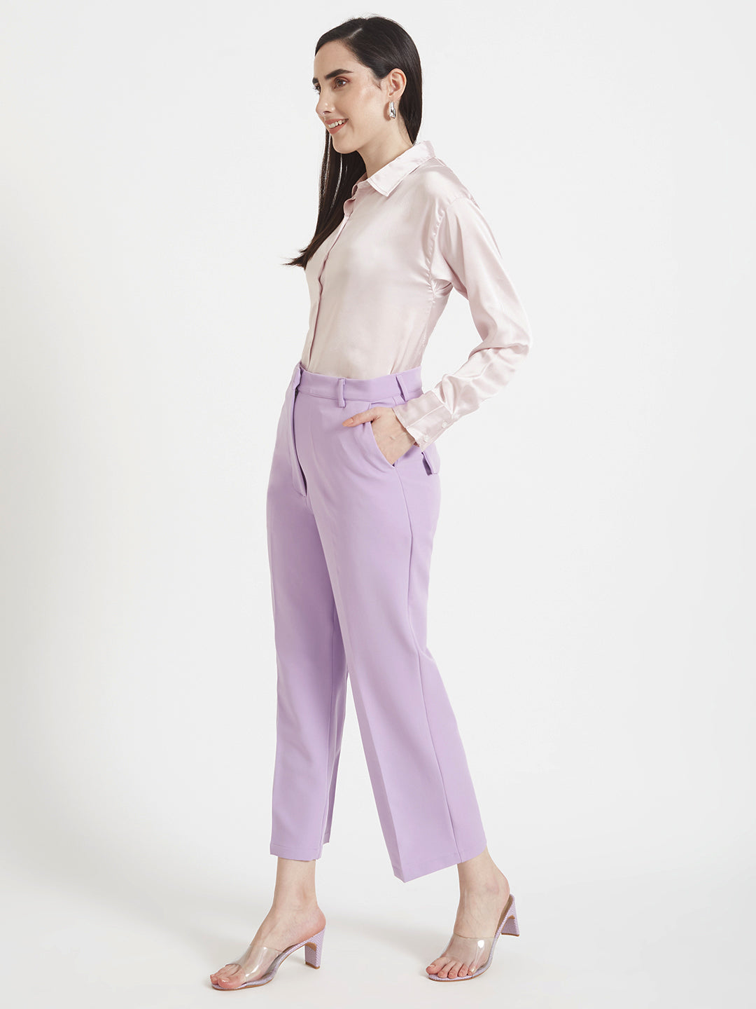 Women'S Premium Light Pink Regular Fit Solid Satin Shirt With Lilac Straight Fit Trouser