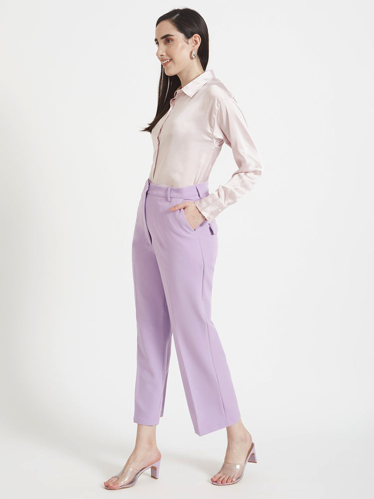Women'S Premium Light Pink Regular Fit Solid Satin Shirt With Lilac Straight Fit Trouser