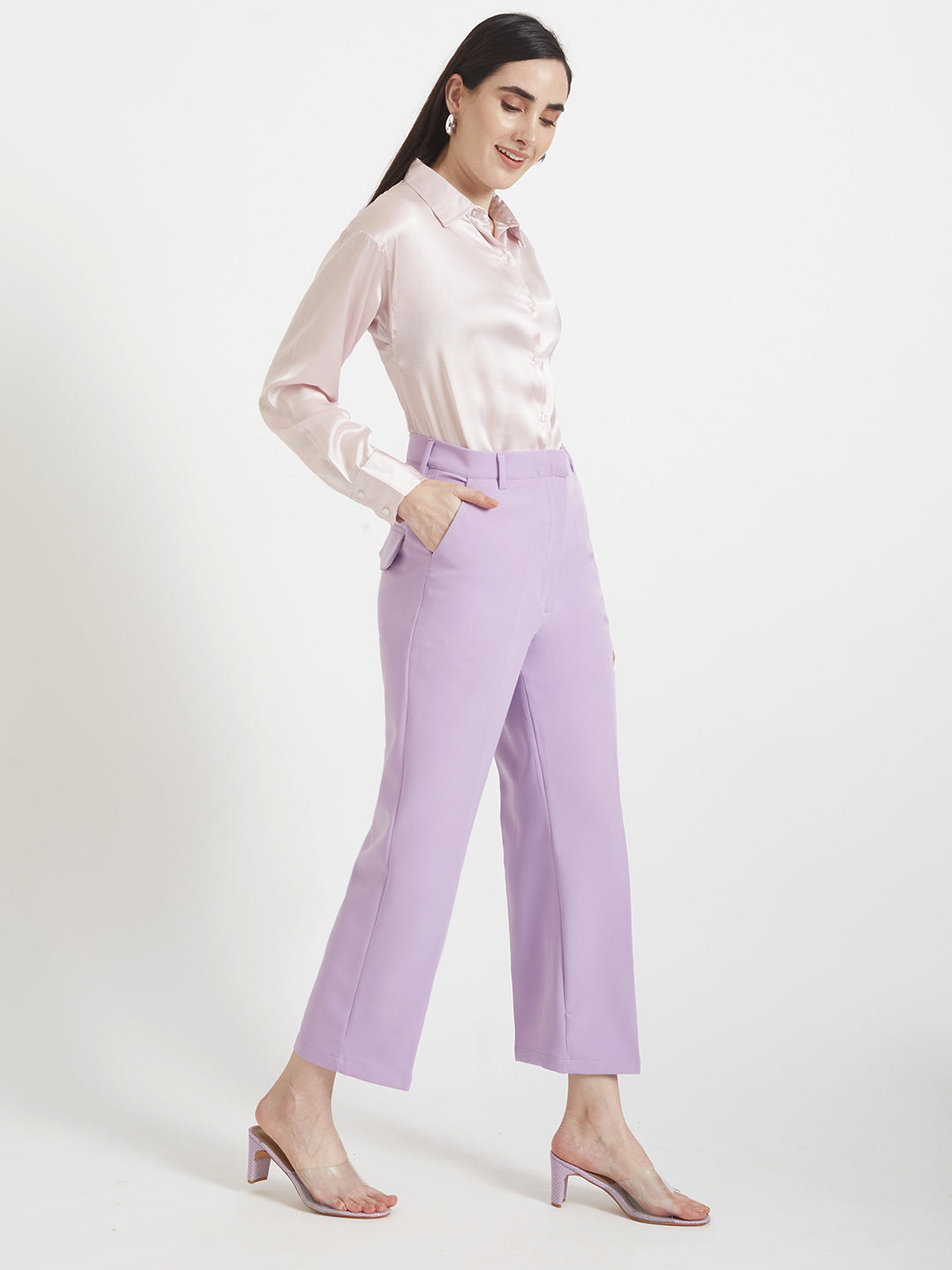 Women'S Premium Light Pink Regular Fit Solid Satin Shirt With Lilac Straight Fit Trouser
