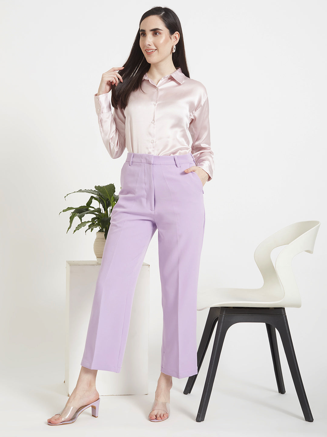Women'S Premium Light Pink Regular Fit Solid Satin Shirt With Lilac Straight Fit Trouser