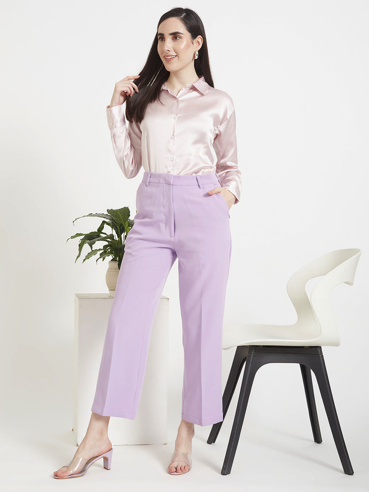 Women'S Premium Light Pink Regular Fit Solid Satin Shirt With Lilac Straight Fit Trouser